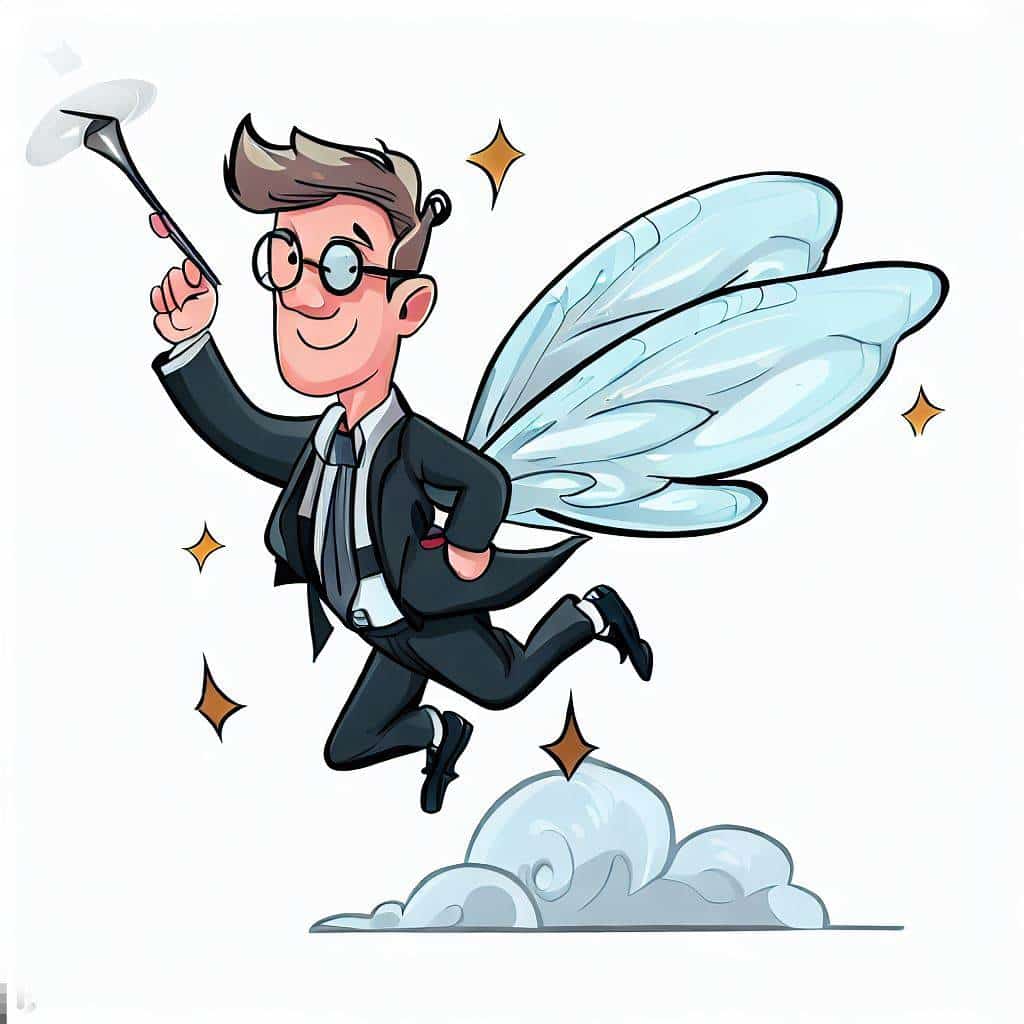A cartoon of a lawyer with mystical fairy wings and a wand flying through the clouds